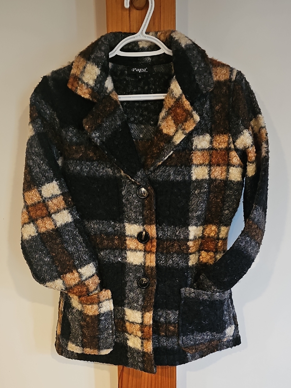 Plaid Button-Front Pea Coat - Black, Brown & Cream